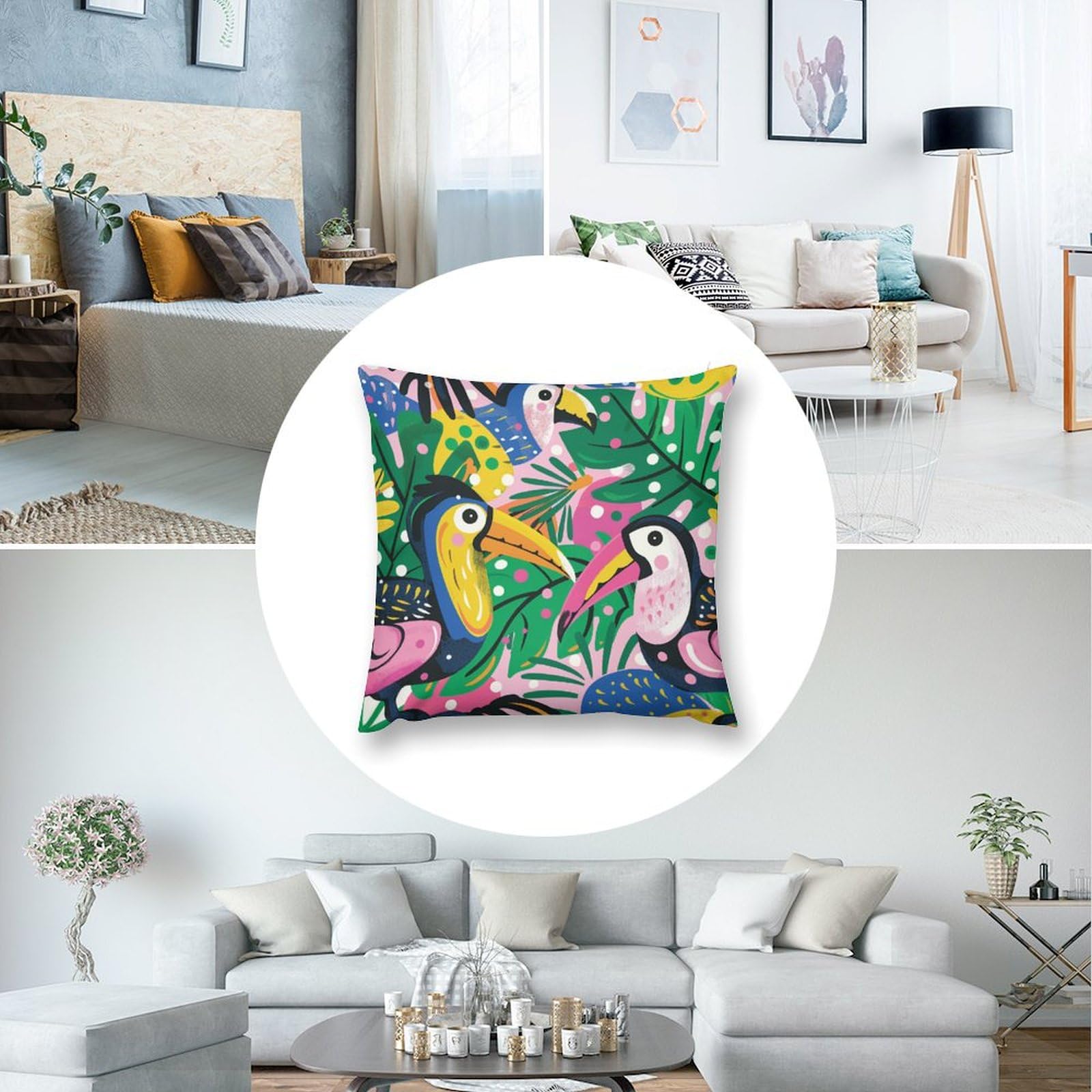 Tropical Outdoor Cushion Covers - Macaw & Toucan Floral Print - Waterproof UV Resistant - 16x16 Inch For Patio & Garden - View #6
