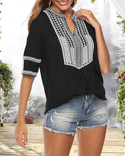 Miniatura 3 de AK Blusa de verano para mujer, cuello en V, estilo bohemio, bordado, mexicano, manga corta, informal, blusa