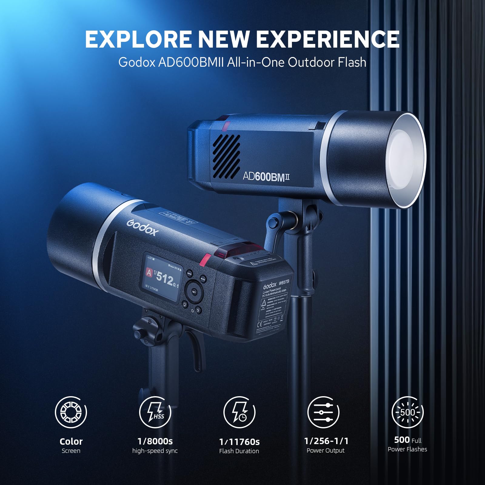 Godox AD600BM II AD600 BM II Flash, 600W HSS 1/8000s Flash per Fotografia all'aperto Luce Speedlite, Tempo di Ricarica 0,01 s-1,9 s, Batteria agli ioni di litio, Monoluci Attacco Bowens Monoluce