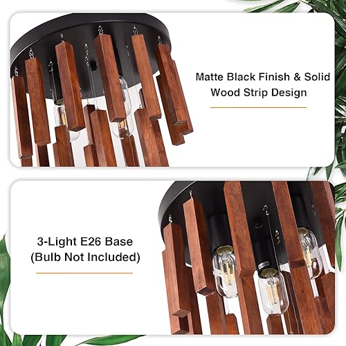 Miniatura 5 de Lámpara de techo de montaje empotrado de granja, tira de madera rústica de 3 luces cerca del techo, iluminación de techo retro vintage de roble rojo