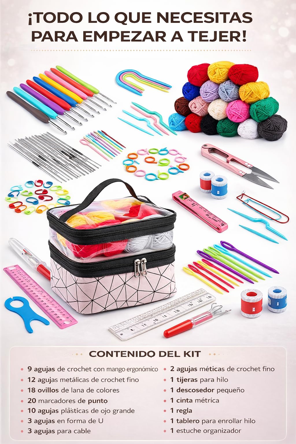Ganchillos Crochet Kit Principiantes 105 Piezas- Manualidades Adultos Ganchillo Kit Crochet Principiantes Premium- Incluye 18 Ovillos de Lanas, Agujas Crochet, Marcadores, Hilo Crochet, Tijeras...