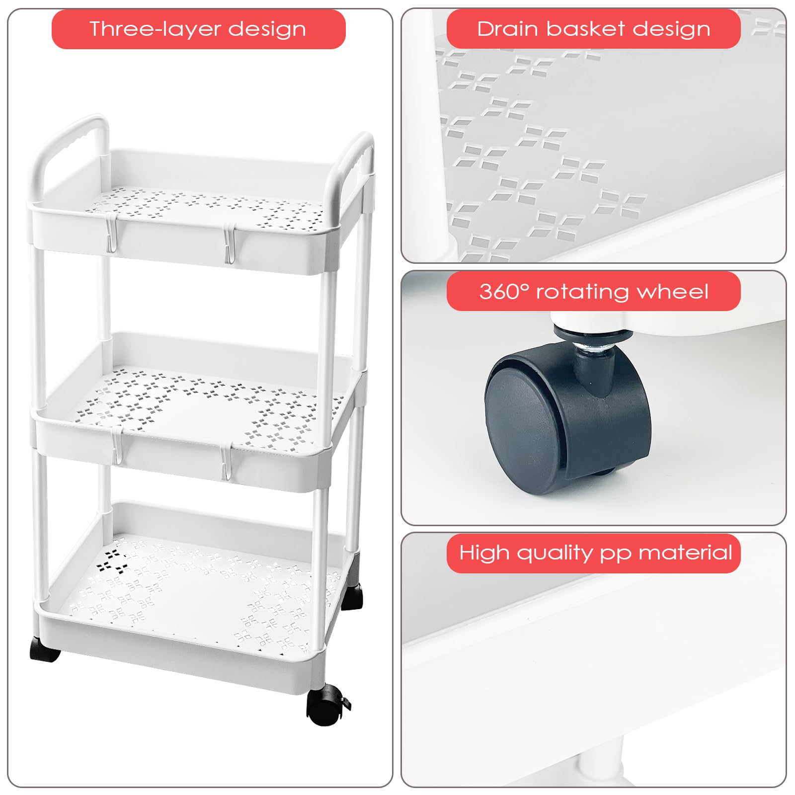 3 Livelli Carrello Cucina, Scaffale Plastica 38 × 25 × 76 cm, Bianco Carrello Ruote Portatutto Cucina Portaoggetti Multifunzionale per Bagno Ufficio Soggiorno Spazi Ristretti