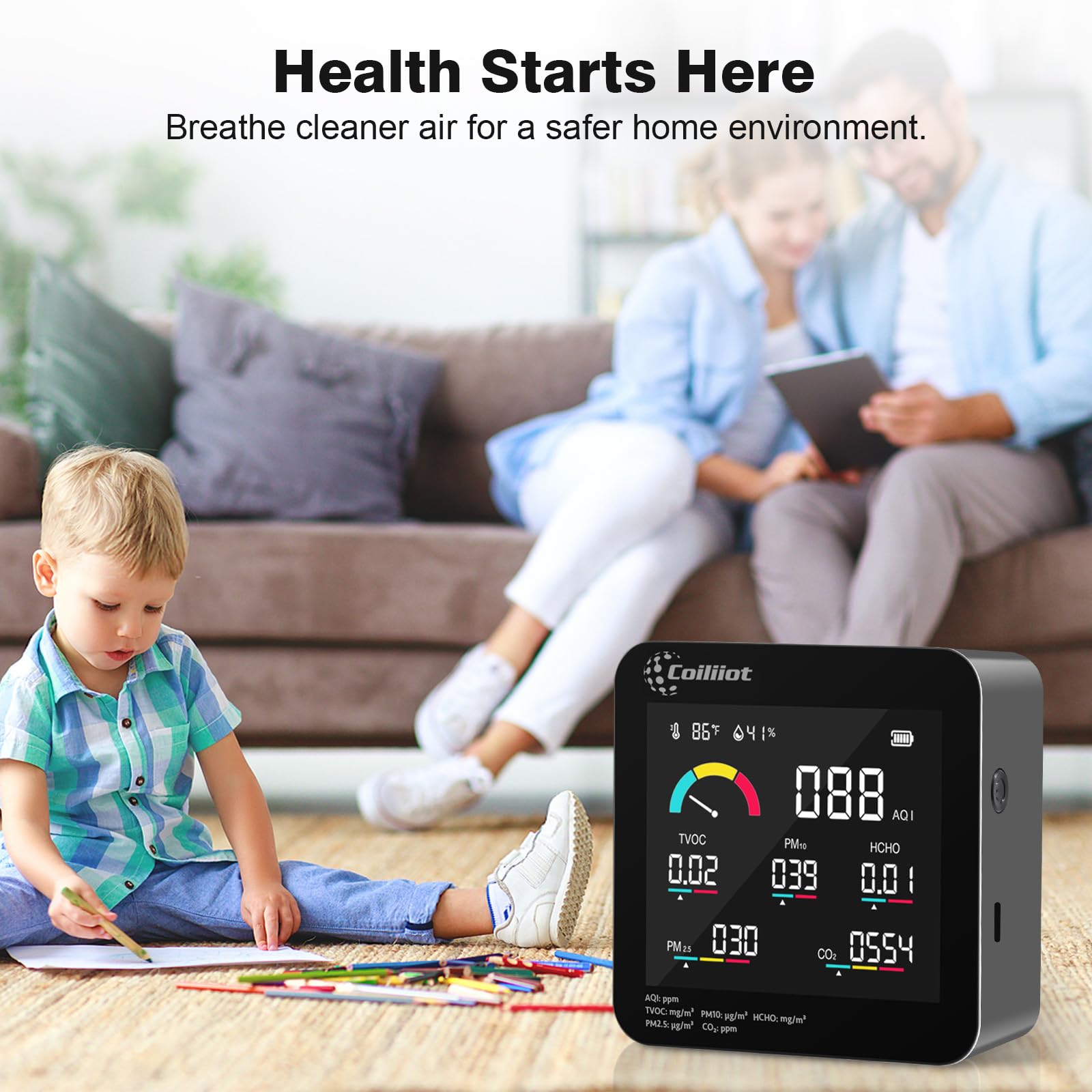 Luftqualitätsmonitor für den Innenbereich, CO2 HCHO TVOC PM2.5/PM10 Detektor mit Temperatur & Luftfeuchtigkeitsmesser, Echtzeit-AQI-Tester für Home Office (Schwarz)
