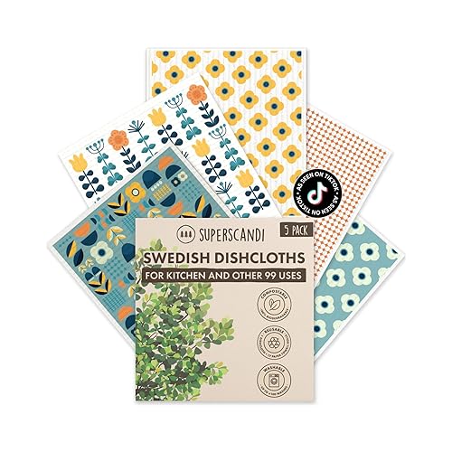 SUPERSCANDI 5 Pack Swedish Dishcloths for Kitchen - 100% Biodegradable
