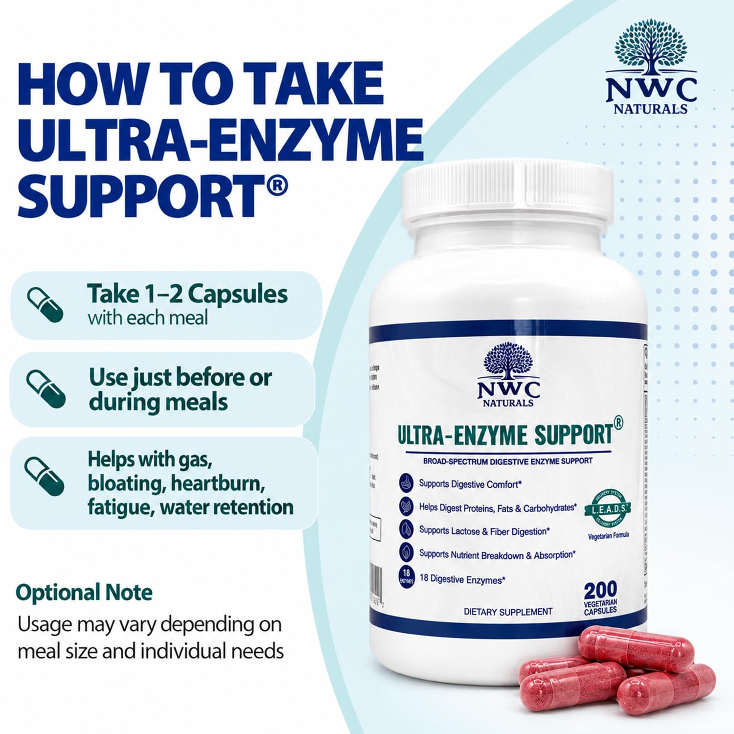 NWC Naturals Ultra-Enzyme Support Digestive Enzyme Supplement, 200 Capsules — Amazon image 3