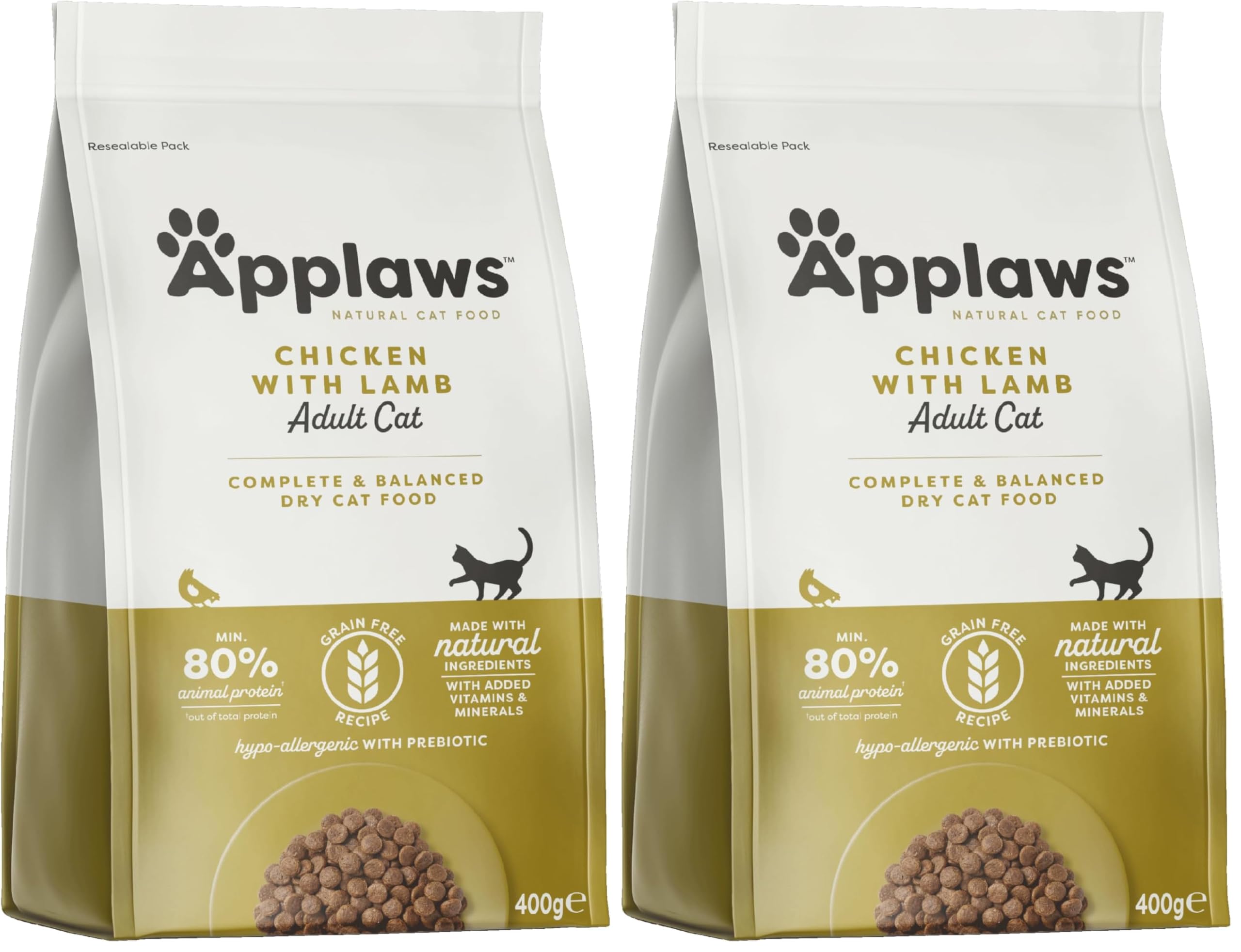 Applaws Complete and Grain Free Adult Dry Cat Food, Chicken with Extra Lamb, 400g Bag (Pack of 2)