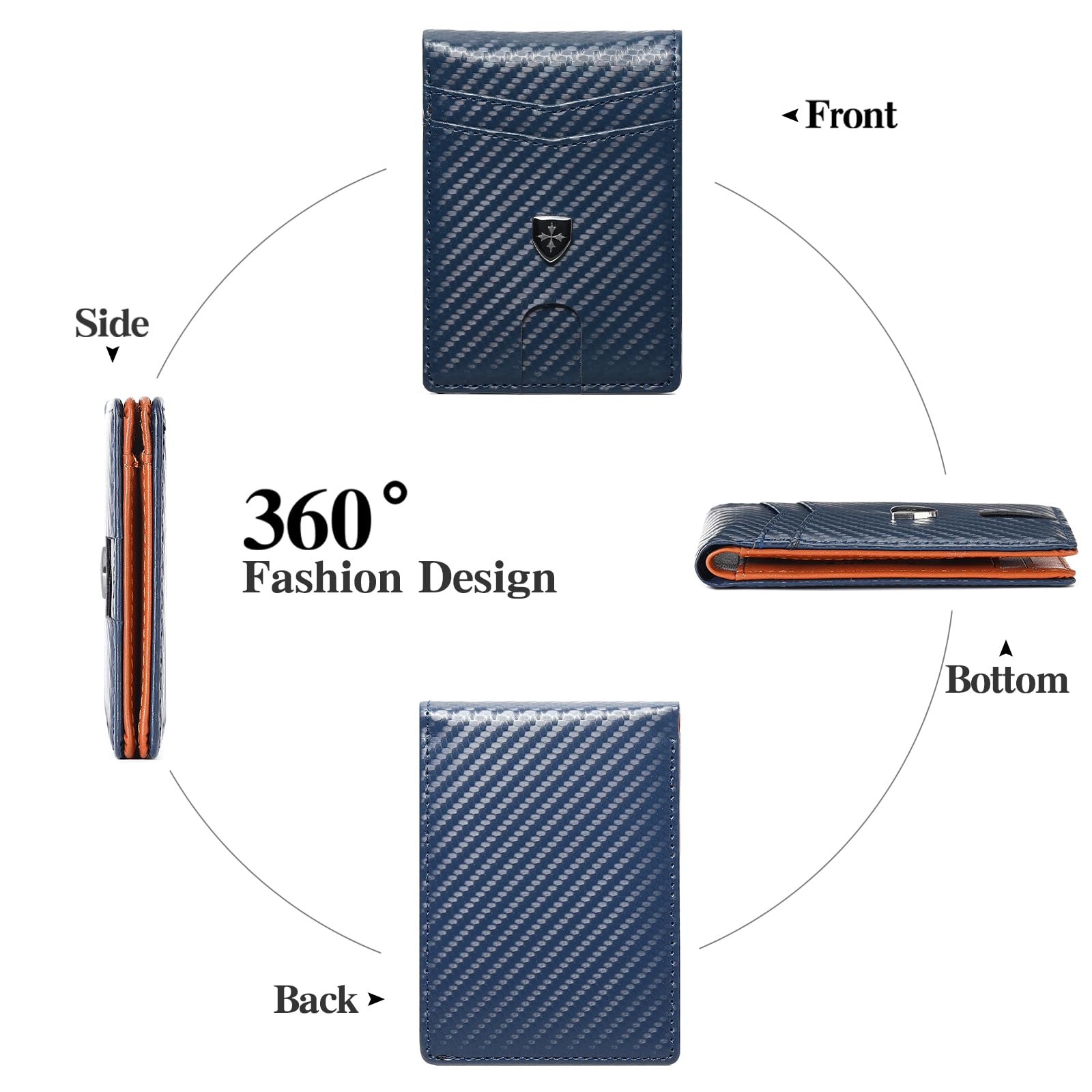 Billetera de cuero para hombre con tarjetero delgado y plegable con bloqueo RFID, bolsillos frontales, carteras minimalistas para hombres con ventana de identificación, Azul lago, Moderno 5