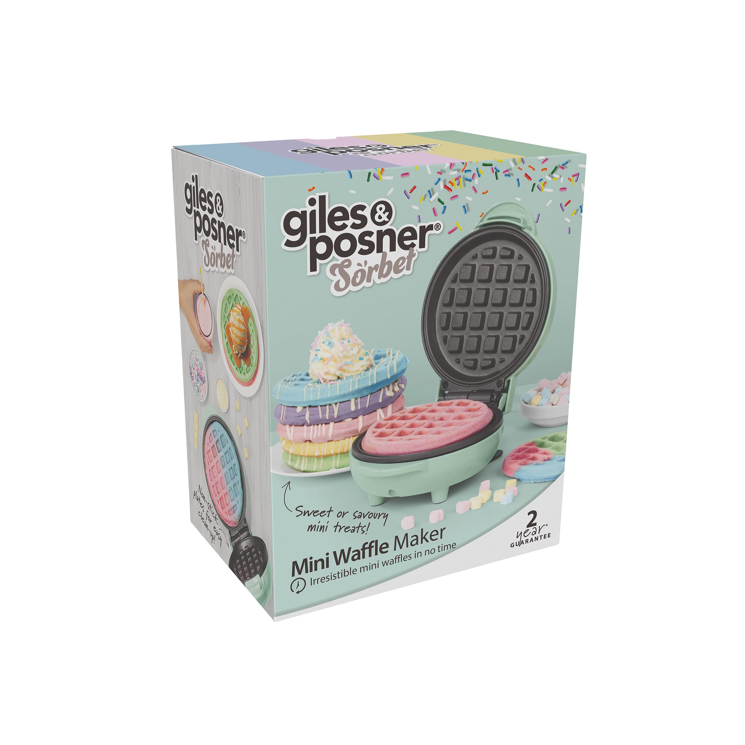 Giles & Posner Mini Waffle Maker – Máquina de Gofres Antiadherente, Para Gofres al estilo Belga y Americano, Snacks Dulces/Salados Postres, Compacto, Plato de Cocción Redondo de 11.5 cm, Verde Pastel