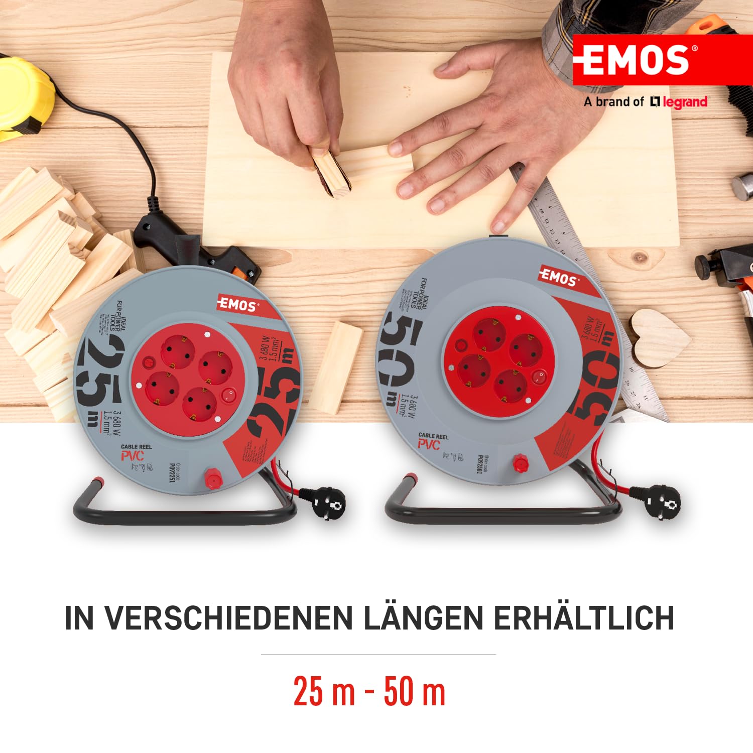 Meister Kabelhaspel H05RR-F3G1,5, IP44-25 m kabel - thermische beveiligingsschakelaar - outdoor/kabelhaspel met 4 geaarde stopcontacten/kabelbox met verlengkabel/kabelhaspel met zwengel