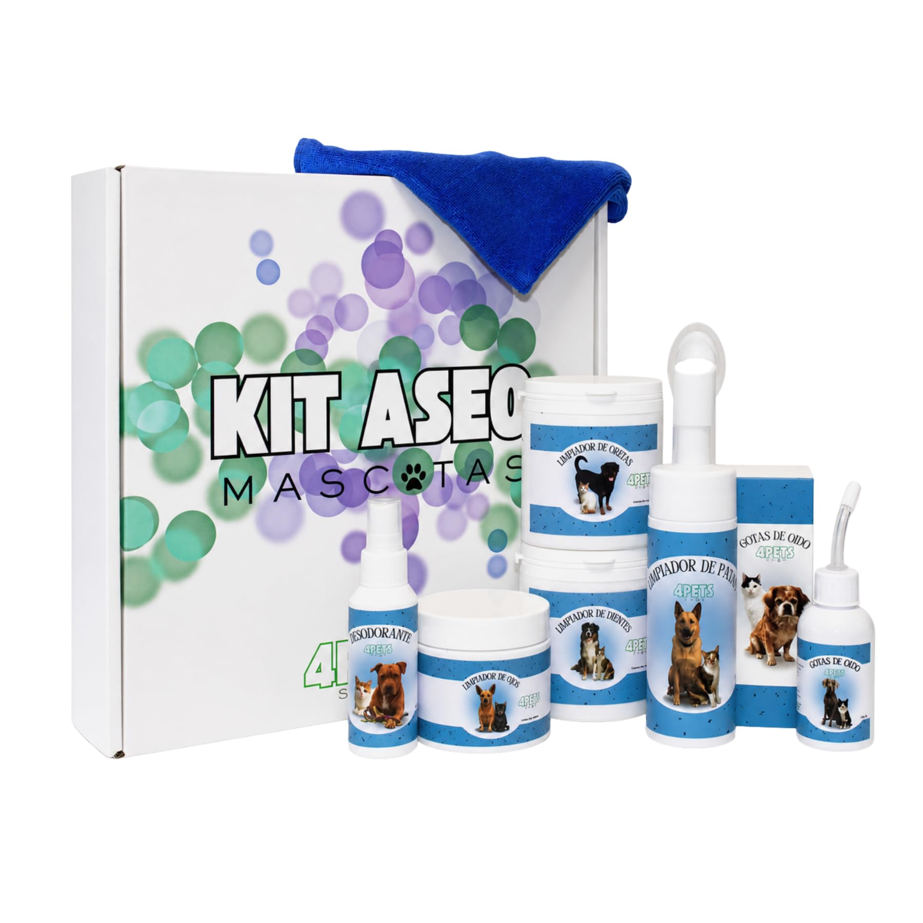Kit Higiene Mascotas 7 en 1 – Aseo para Perros y Gatos con Limpiador de Ojos, Oídos, Patas y Dientes – Cuidado Natural sin Alcohol