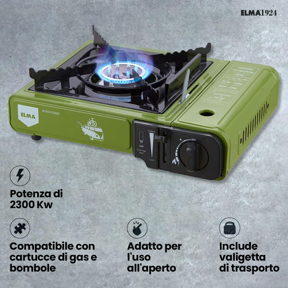 Fornello a Gas Portatile Elma Outer Start Compatibile con Cartucce Butano EN417 e Bombole Butano/Propano, Ideale per Campeggio, Viaggi e Outdoor | con Valigetta di Trasporto, 2,3 Kw, Verde