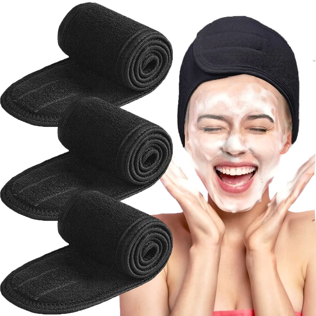 Spa Headband - 3 Pack Adjustable Facial Headband, Women Facial Makeup Head Band Head Wraps for Shower Washing Face (Black)