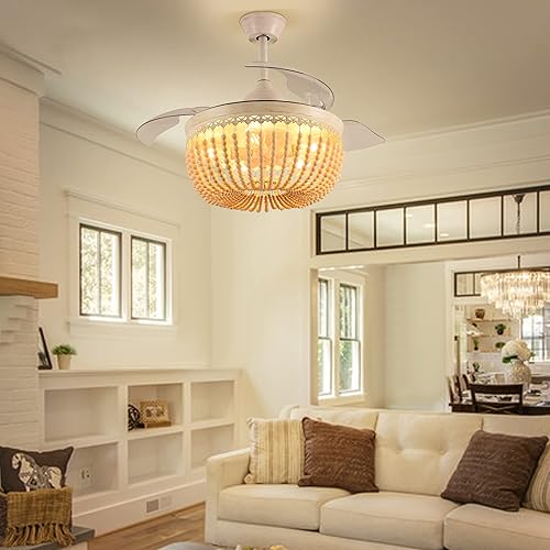 Miniatura 2 de xychfantligh Ventilador de techo retráctil con cuentas de madera de 42 pulgadas candelabro bohemio con control remoto ventilador de techo rústico