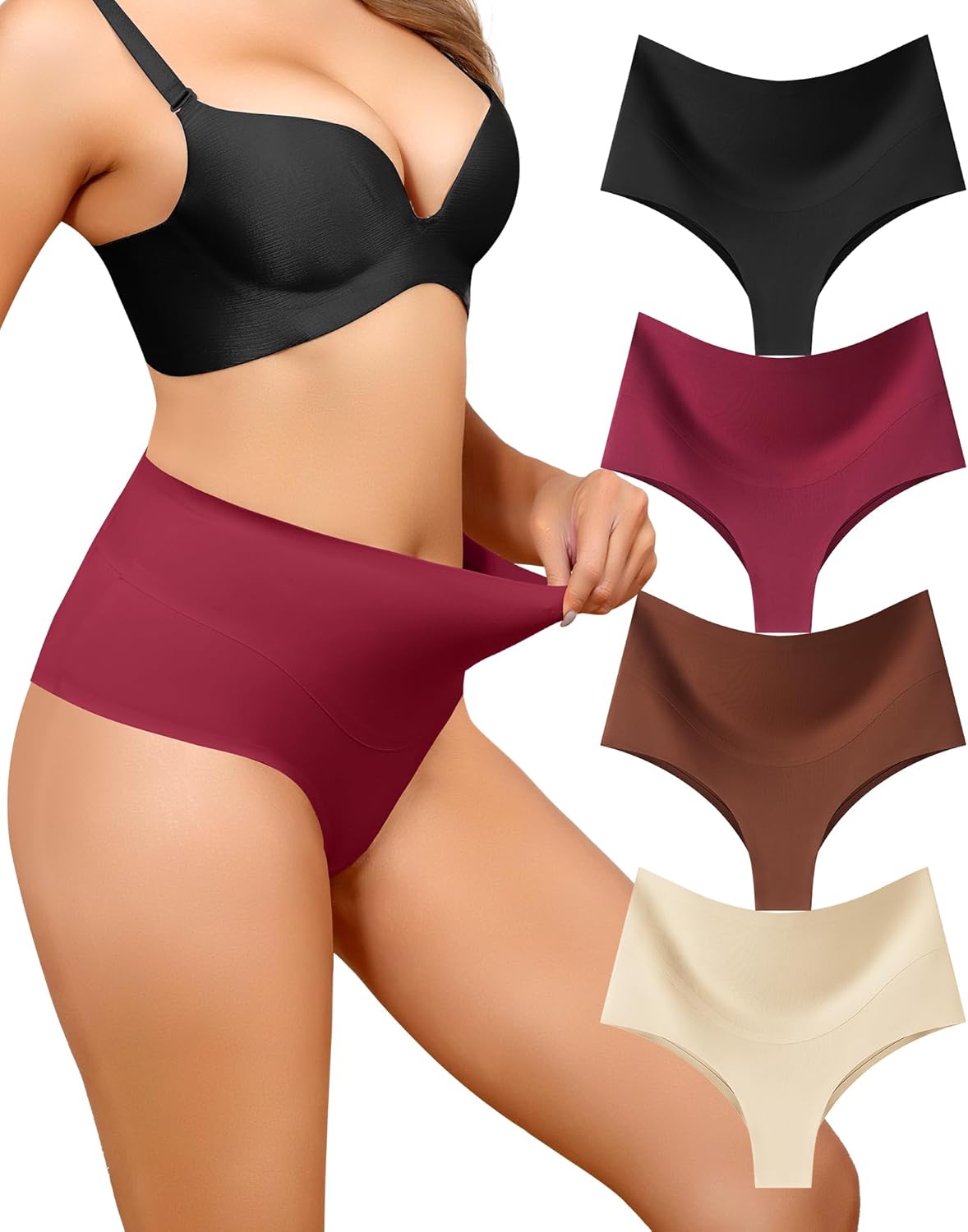 Levao High-Waist Thong Shapewear for Women – Tummy Control Seamless Brazilian Panties, No Show, Postpartum Underwear, 4-Pack