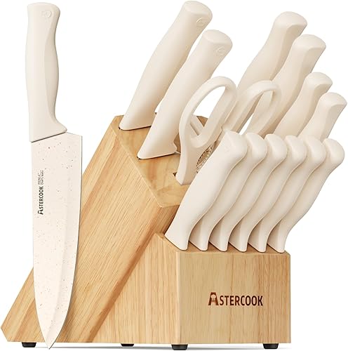 Astercook Juego de cuchillos de cocina de 15 piezas con bloque de afilador, juego de cuchillos alemanes de acero inoxidable con revestimiento