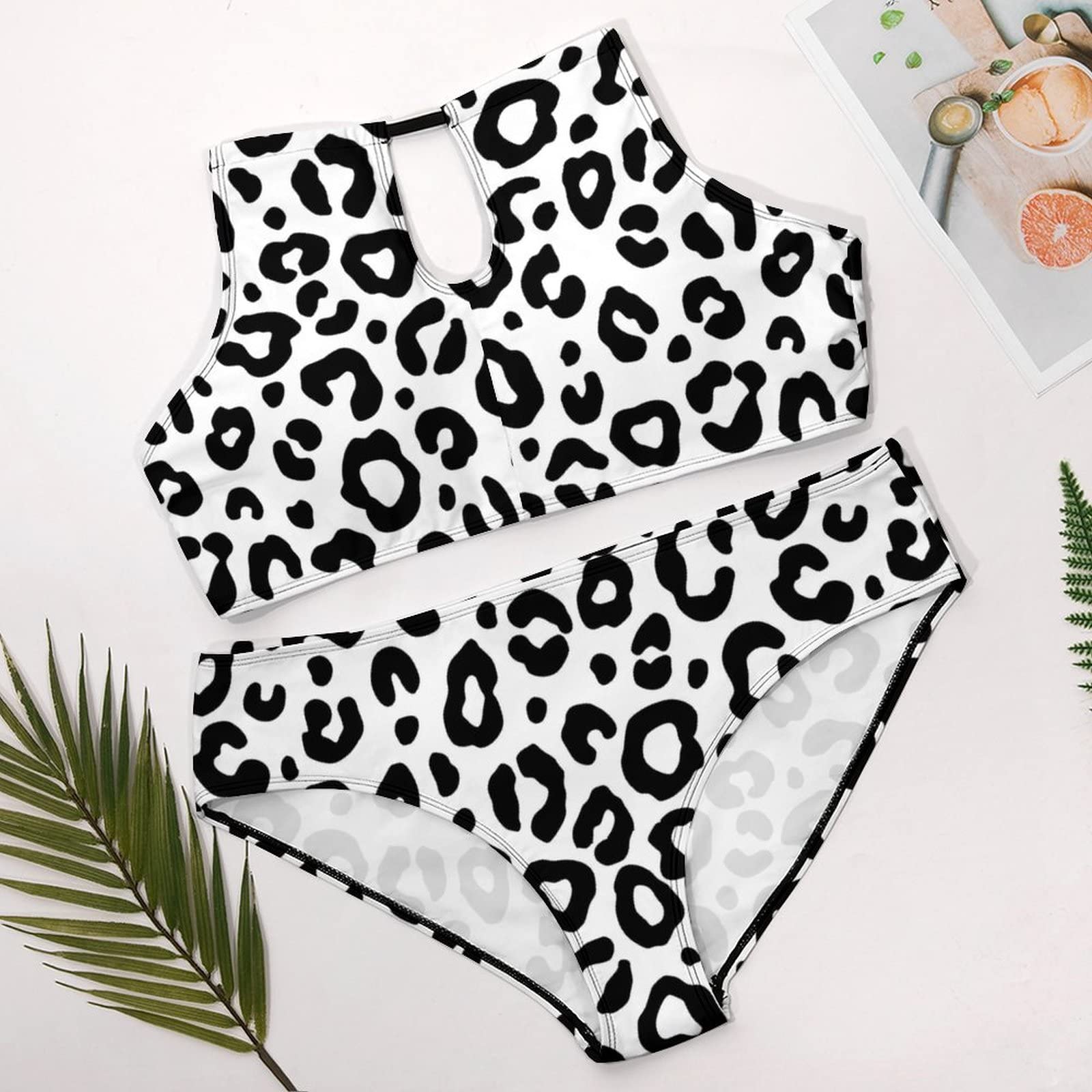 SEPTYK Animal Leopard Print Women Sexy Bikini 2 PC Plus Size Swimsuits Hollow Out High Neck Bathing Suit XL