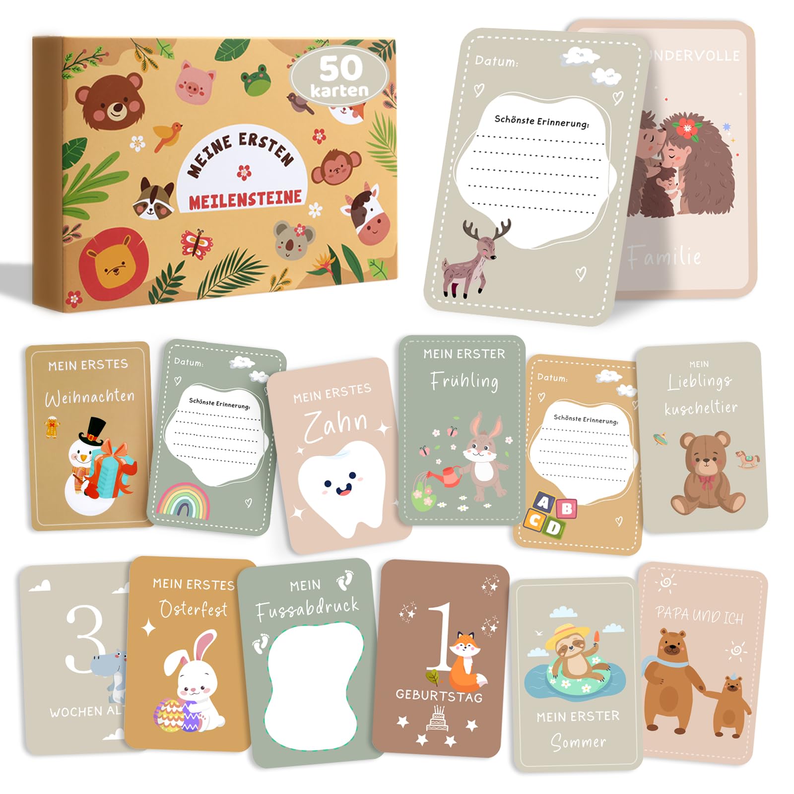 Milestone Cards Baby 50 German Double-Sided Baby Monthly Cards with Animal Motifs and Gift Boxes Suitable for Baby Boys and Baby Girls for Birthdays Baby Showers and Gifts for Birth