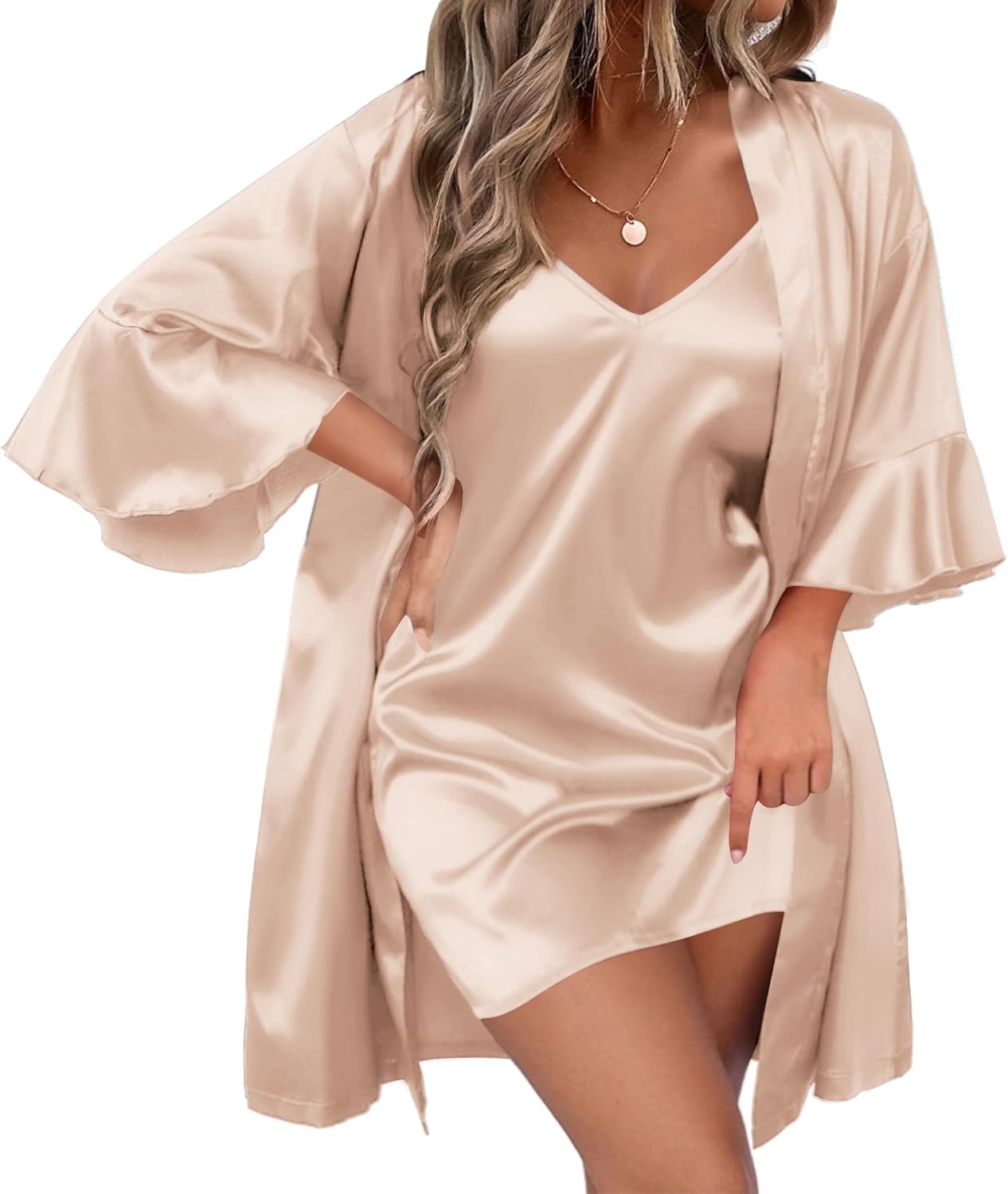 Ekouaer Women's Silk Robe Set V-neck 2 Piece Bridal Party Robes and Satin Bathrobe Set with Pockets