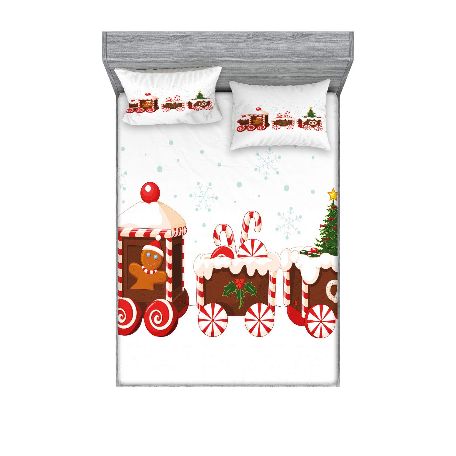 Ambesonne Christmas Fitted Sheet & Pillow Sham Set, Train Gingerbread Cream Candy Cartoon Toys Snowflakes Presents, Decorative Printed 3 Piece Bedding Decor Set, King, White Brown Vermilion
