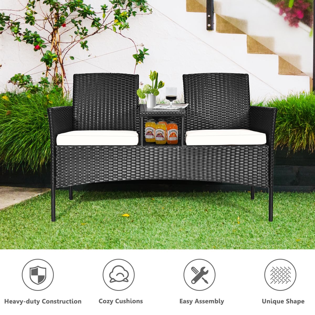 LIFEZEAL Panca doppia in rattan, poltrona da giardino per 2 persone, con tavolino in vetro temperato, sedia divano a 2 posti con cuscini, mobile di conversazione per balcone patio