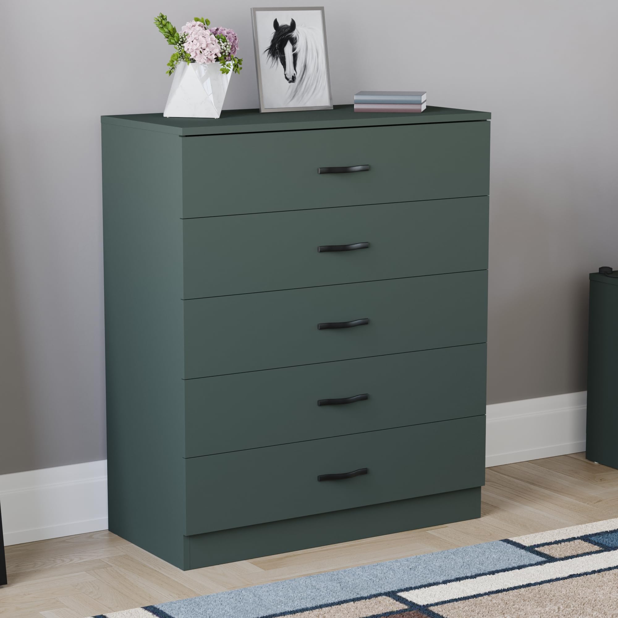 Vida Designs Cassettiera Jasper verde, 5 cassetti con maniglie e guide in metallo, unico supporto anti-piegatura, mobili per camera da letto Riano