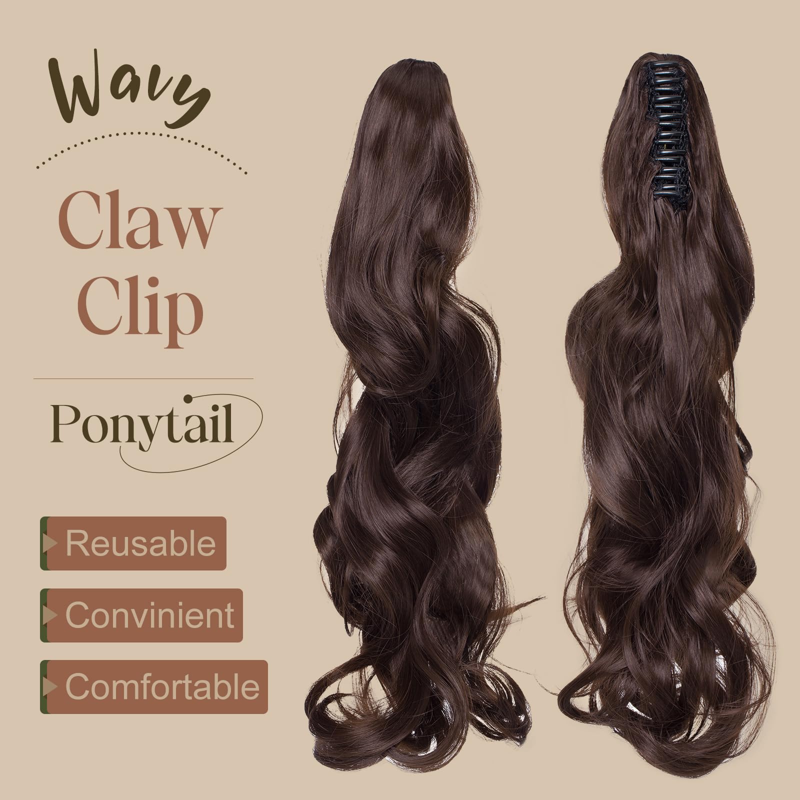 TESS 18 Inch Claw Clip Ponytail Hair Extensions Curly Wavy Ponytail Extension #Light Brown Hair Extension for Women 140g - Image 2