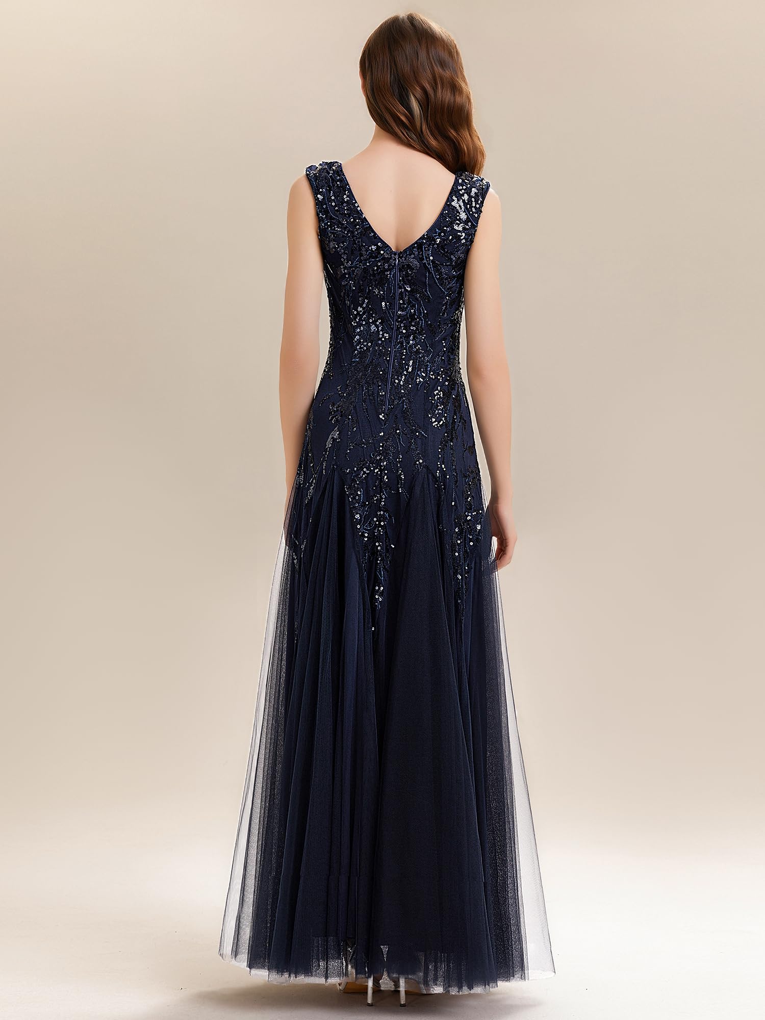 Ever-Pretty Robe de Soirée Femme Longue Paillettes Tulle Col V sans Manche EE02259