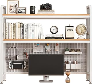 FiTspi White Countertop Hutch Bookshelf, 2 Tiers Desktop Bookcase for Computer Desk, Desktop Shelves Organizer, Display Shelf Rack Organizer for Dorm Office Home