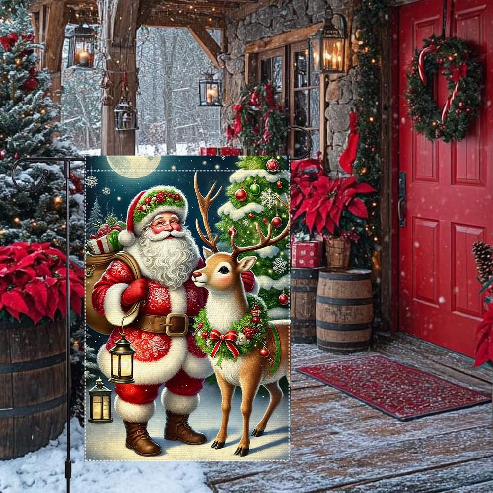Christmas Santa and Reindeer Garden Flag 12x18 Inch Double Sided Burlap Holiday Yard Banner for Outdoor Lawn Porch Patio Winter Seasonal Decoration Christmas Tree - Image 2