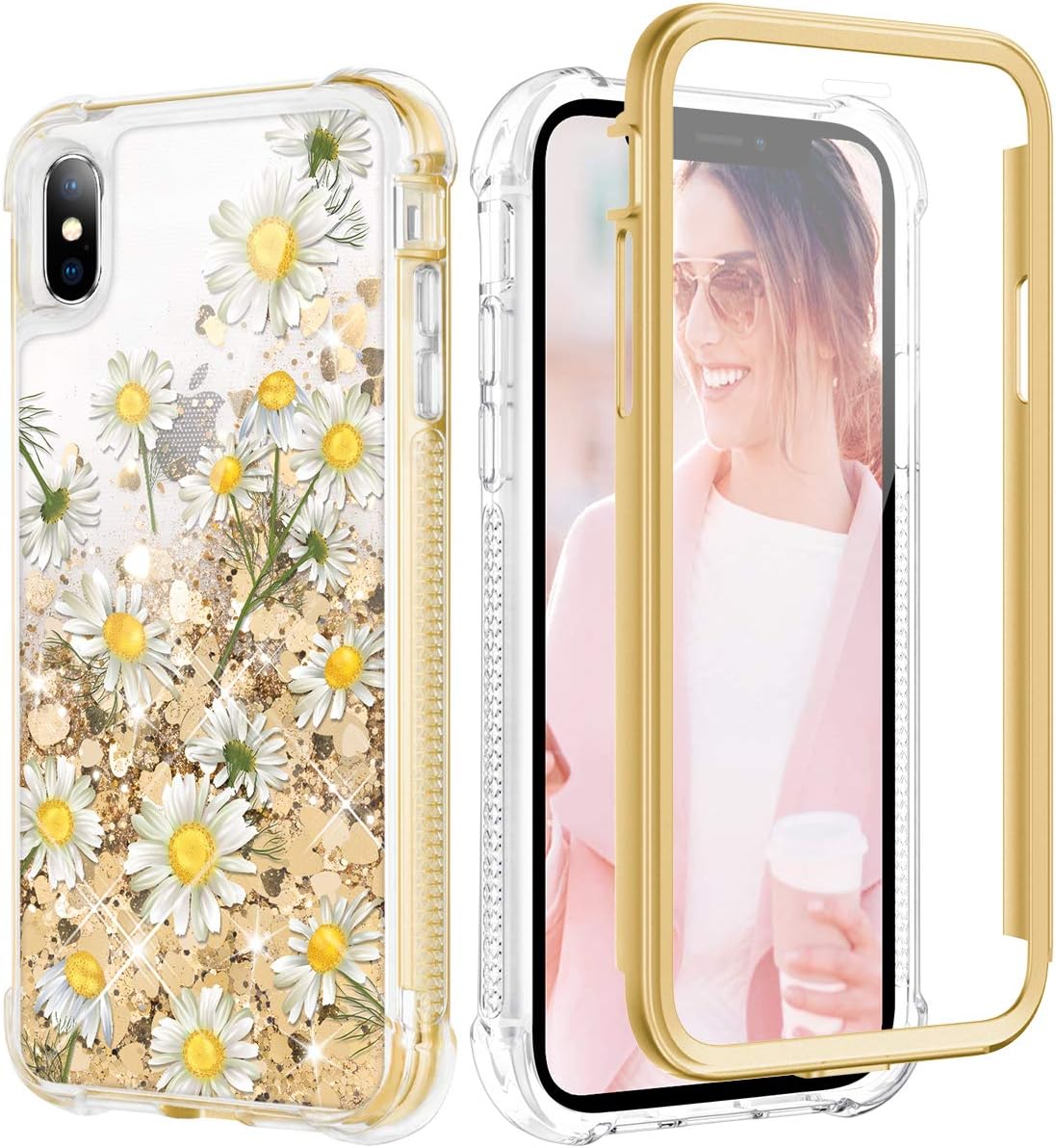 Caka Case for iPhone Xs Max, iPhone Xs Max Glitter Case Bling Liquid Flower Girly Girls Women Full Body Protective Sparkle Quicksand Chamomile Love Glitter Case for iPhone Xs Max (6.5 inch) (Daisy)