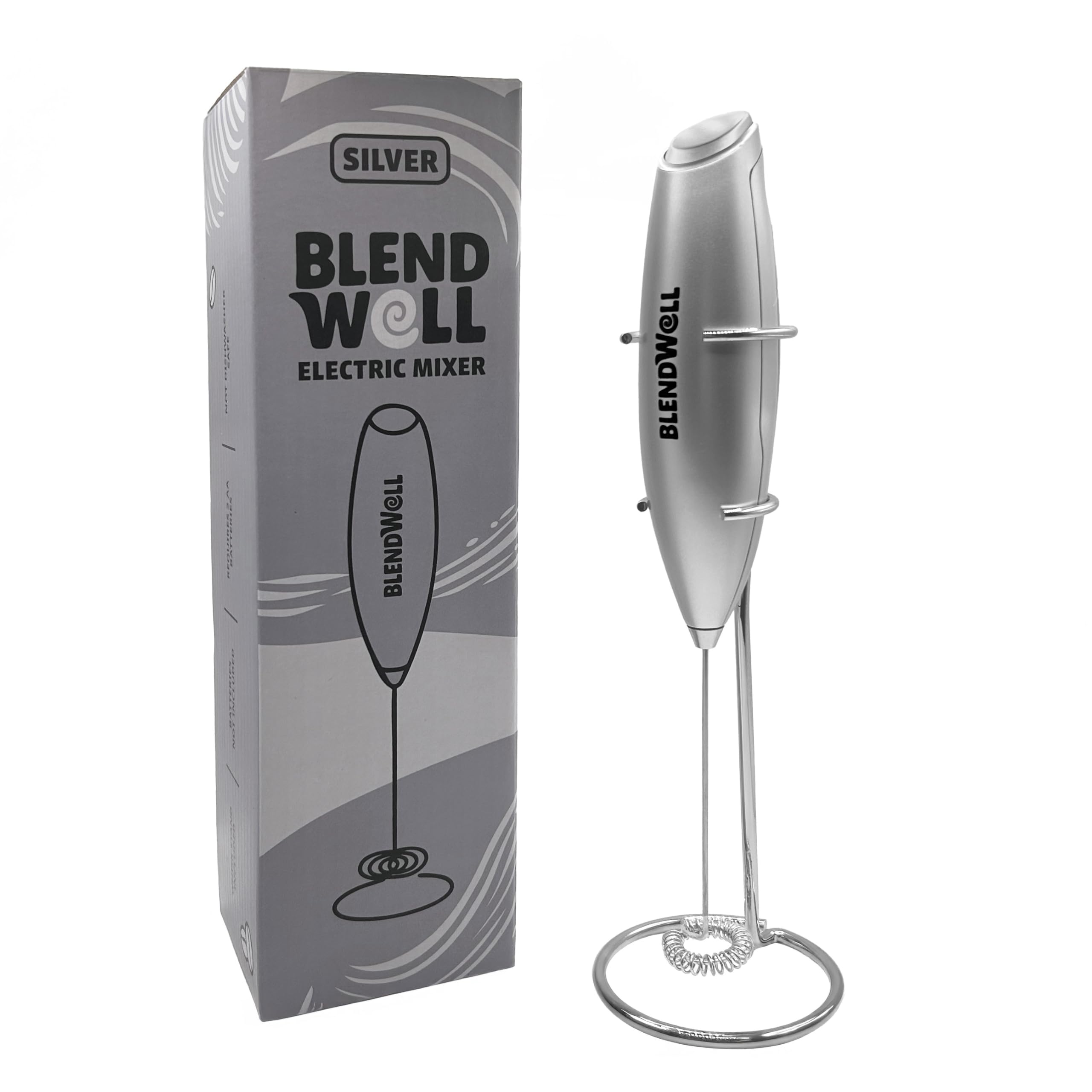 BlendWell Elektrischer Milchaufschäumer für Matcha und Kaffee, Handheld Batteriebetriebener Getränkemischer mit Ständer, Edelstahl-Schneebesen, Silber