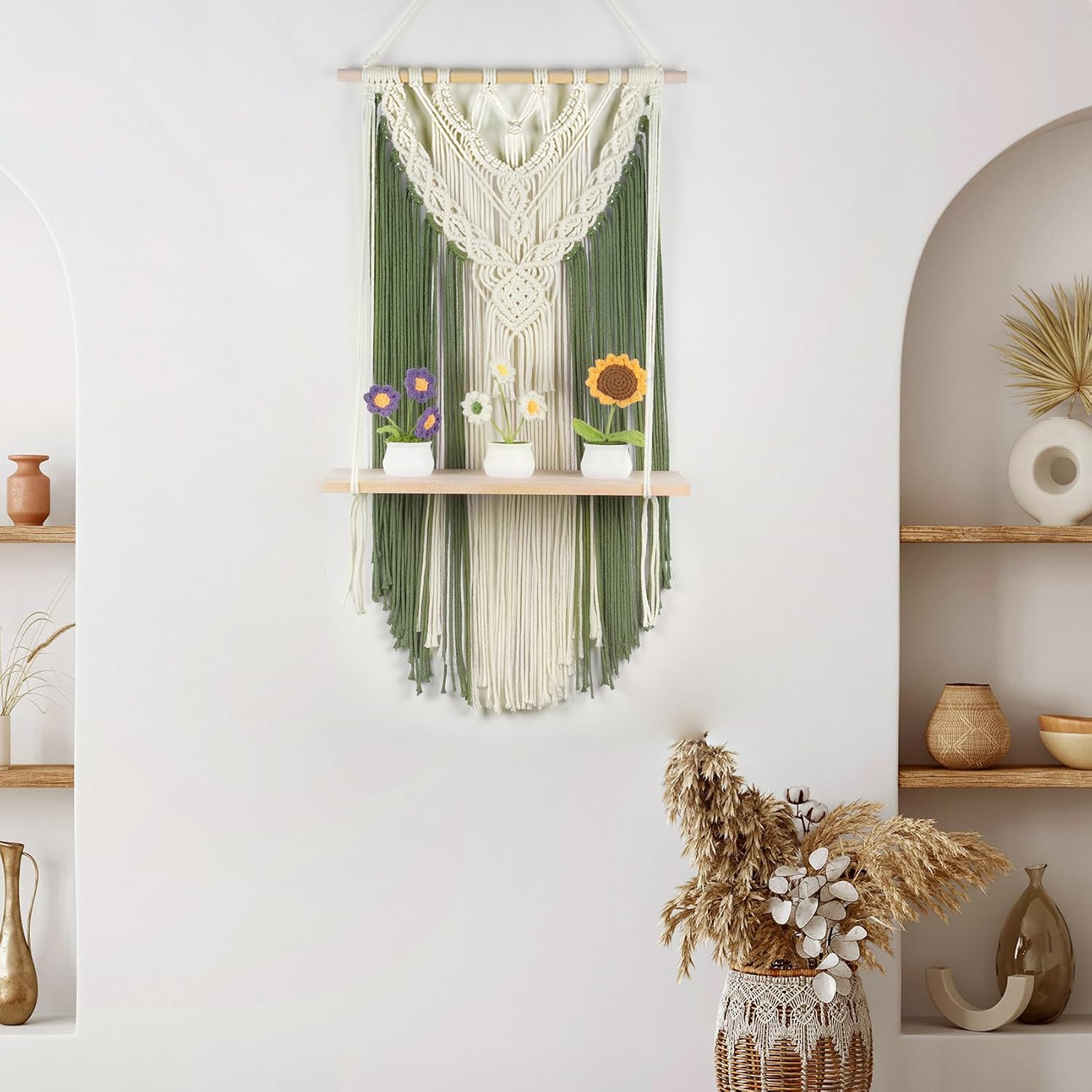 LB Green Macrame Wall Hanging Shelf Plant Holder Wall Decor 16x32 inch | Boho Hand Woven Macrame Wall Hanging,Green Cotton Macrame Wall Decor,Wood Floating Wall Shelf Decor for Bedroom Living Room