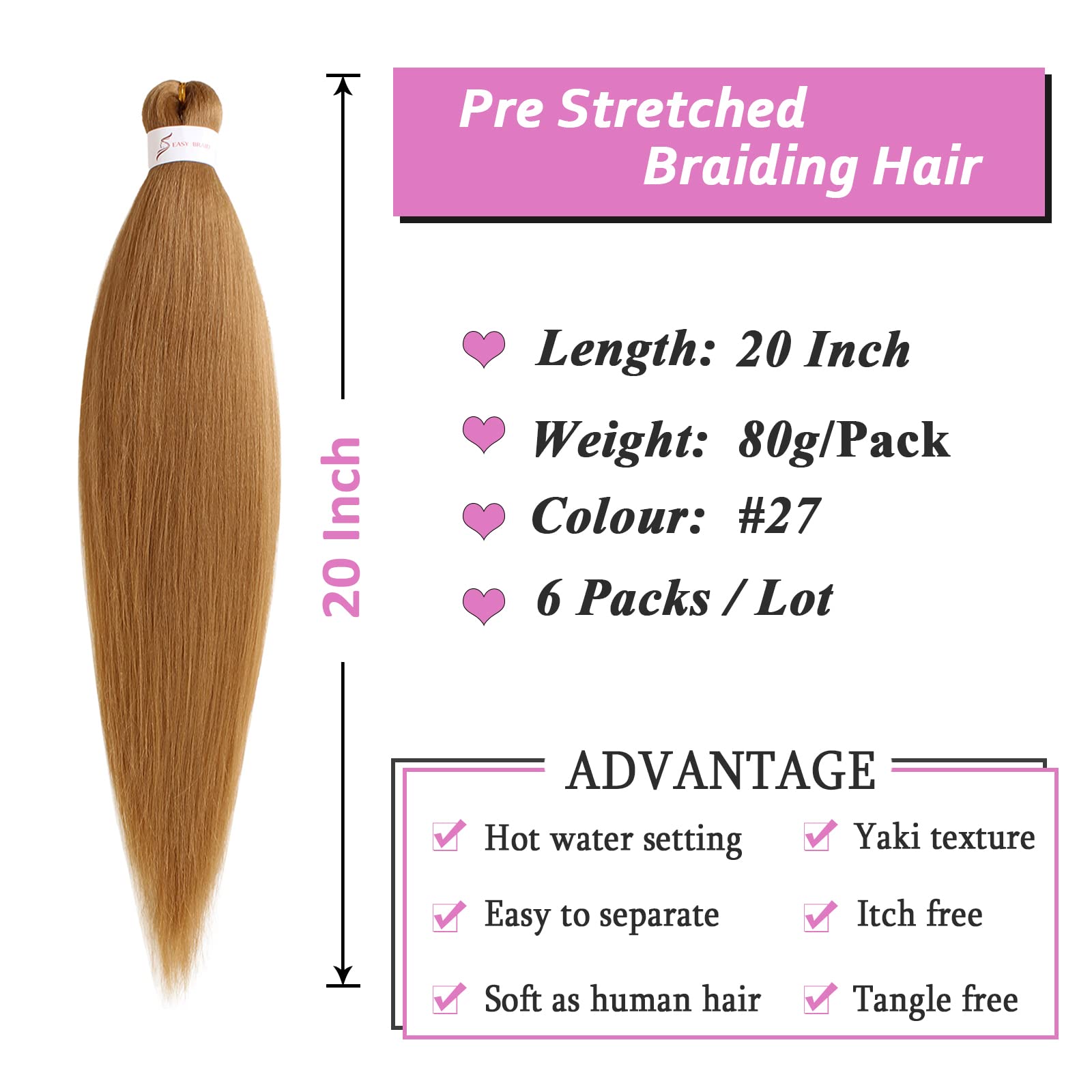 Samtress 20 Inch Pre Stretched Braiding Hair 6 Packs Natural Black Easy Braid Soft Yaki Texture Kanekalon Synthetic Braiding Hair Extensions for Women Hot Water Setting Crochet Braids (#Black) - Image 2