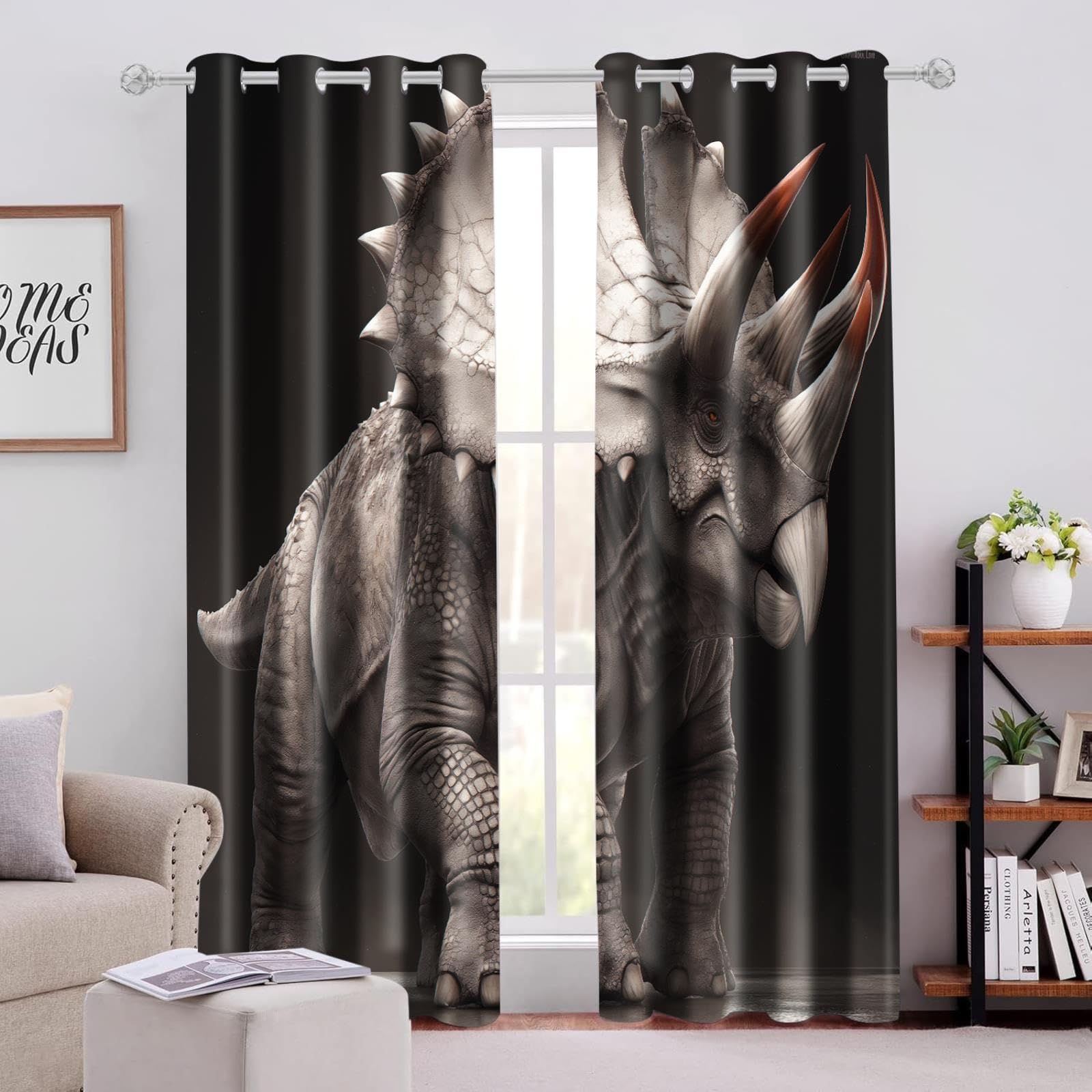 Lot de 2 Rideaux Occultants Dinosaure Animal Imprimé Rideau Opaque Thermique Isolant Anti Froid à Oeillets pour Enfant, 336x229 CM (L x H) Decoration de Fenêtre pour Chambre Salon Moderne