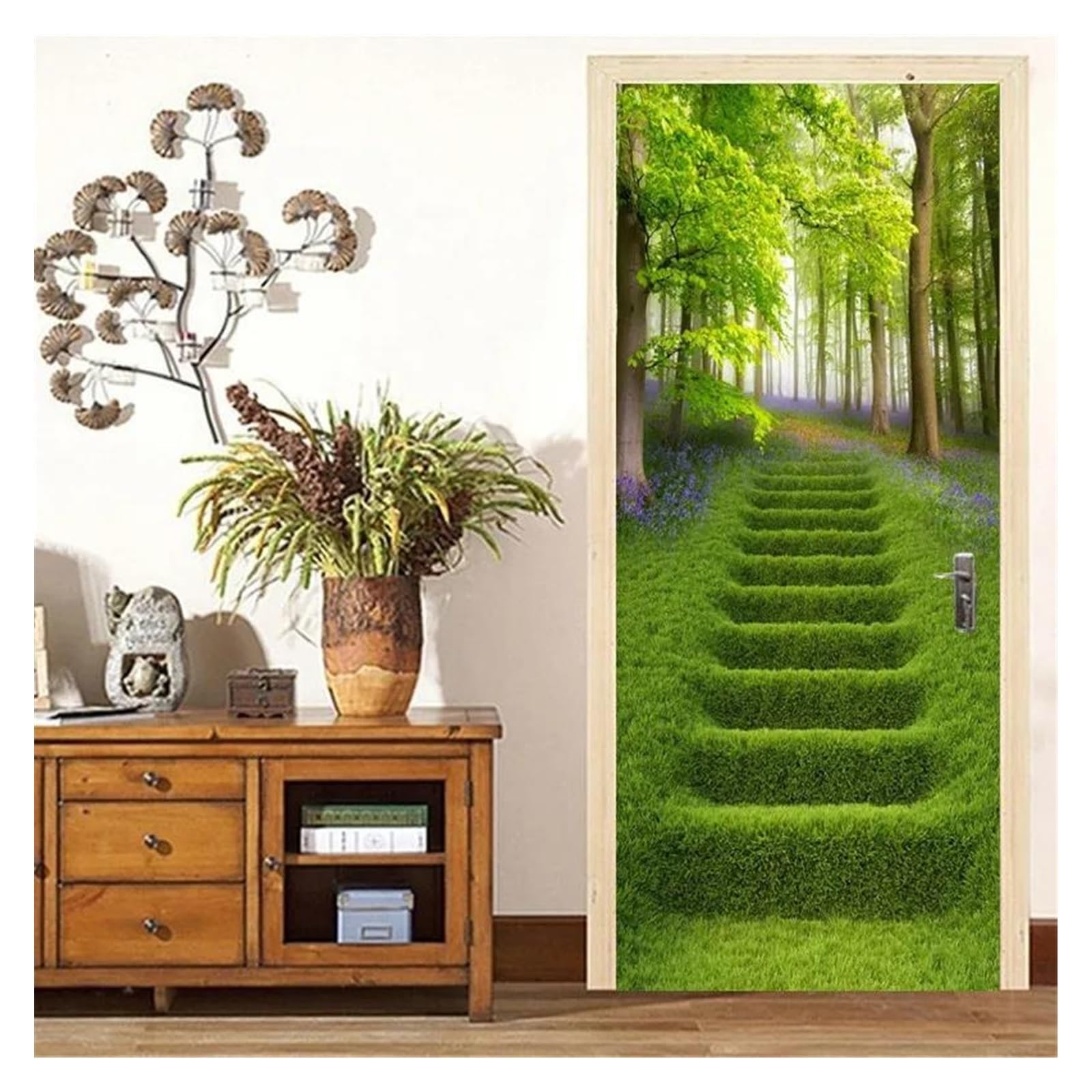 Sticker de porte forêt verte en PVC autocollant 95x215cm pour décoration murale