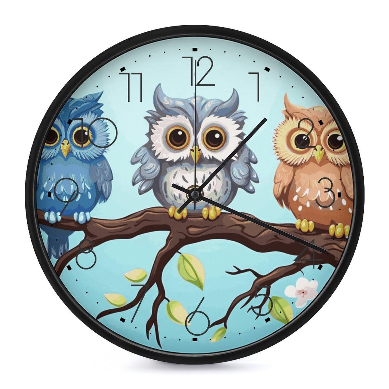 DWVTSLH Owls on A Branch Wall Clock 10 Inch Silent Non-Ticking Modern Clocks Battery Operated - Decorative Wall Clocks for Bedroom Living Room Kitchen Office Wall Decor Gift Idea