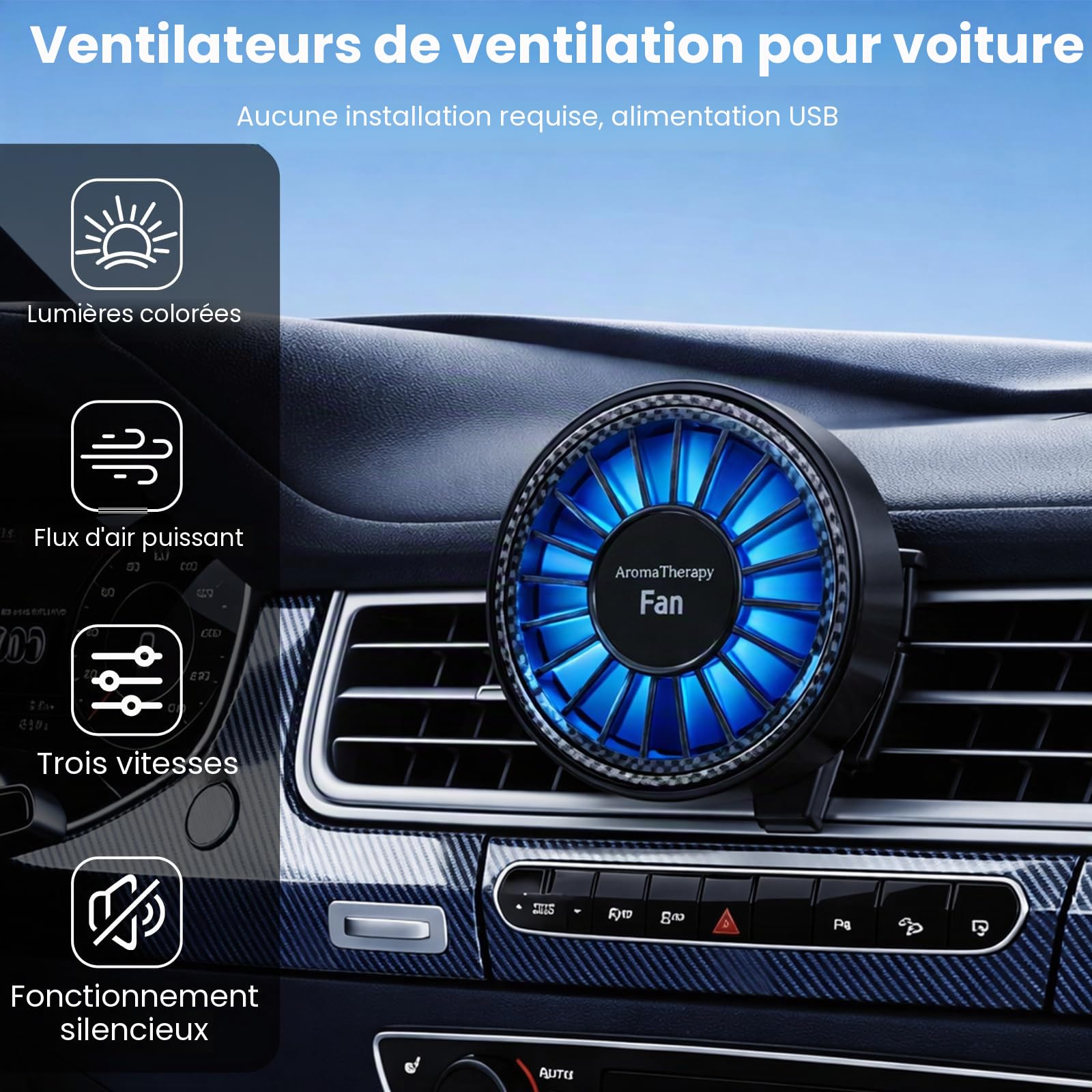 Ventilateur de Voiture USB avec Lumière RGB & 3 Disques de Coton Parfumés, Ventilateur Voiture avec 3 Vitesses, Ventilateur d'air de refroidissement de voiture portable pour camion van SUV