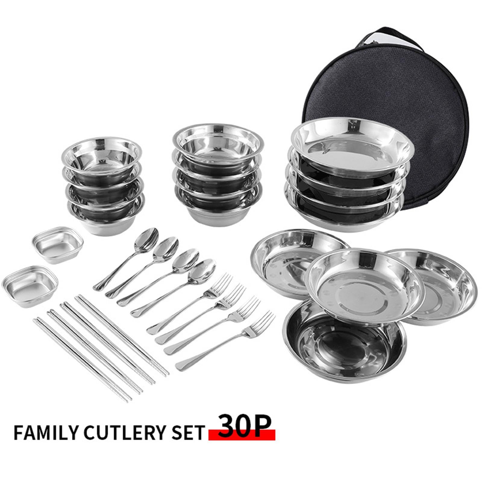 Outdoor Camping Utensilien Set mit Edelstahl Tellern Schüsseln Und Besteck Inklusive Tasche Zum Einfachen Transport für Backpacking Reisen, 30 Stück