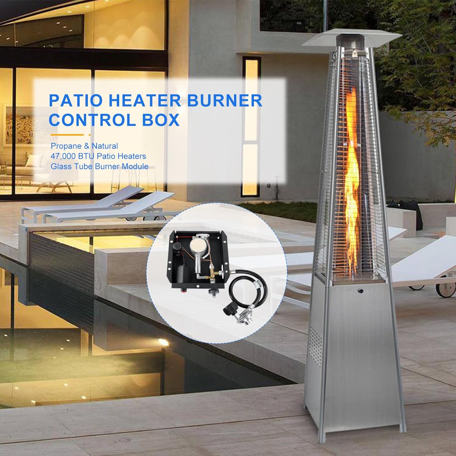 7 Bolt patio heater glass tube burner module replacement part 47000 BTU (including hose and regulating valve assembly kit）, suitable for square glass tube patio heaters, compatible with 3/4/7bolt