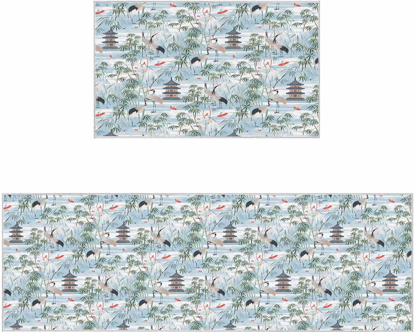 2 Pieces Kitchen Rugs and Mats,Watercolor Chinese Style Plant Animal Area Runner Rug Set Non Slip Floor Doormat Washable Carpet Standing Mat for Kitchen Sink Indoor Corridor,Asian Scenic Garden Scene