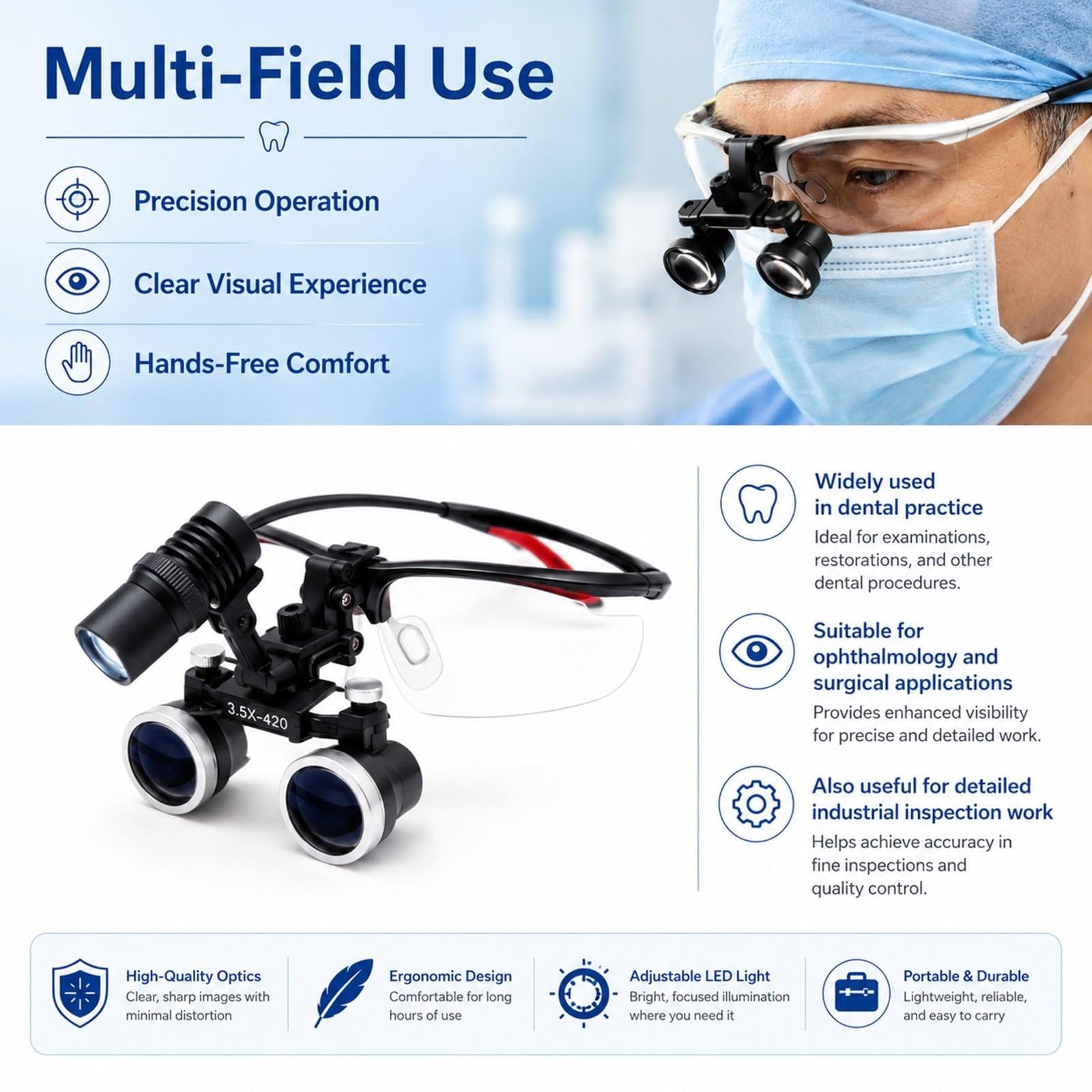Lupa Binocular Dental, Lupa De Cabeza De 2,5X/3,5X, con Linterna Frontal Led De 5W, Lupa De Precisión para Laboratorio, Distancia De Trabajo De 320-420mm Blue-2.5X