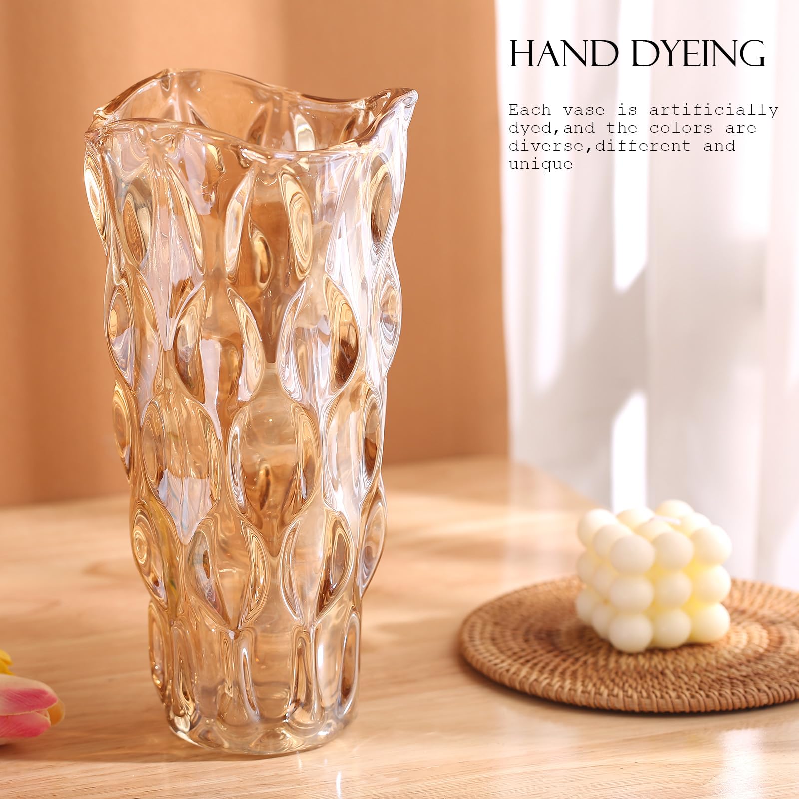 Vase en verre ambré - Cylindrique épais - Style bohème moderne - Fait à la main - Vase à fleurs décoratif pour table de salle à manger, mariage, fête de vacances, 29 cm de haut