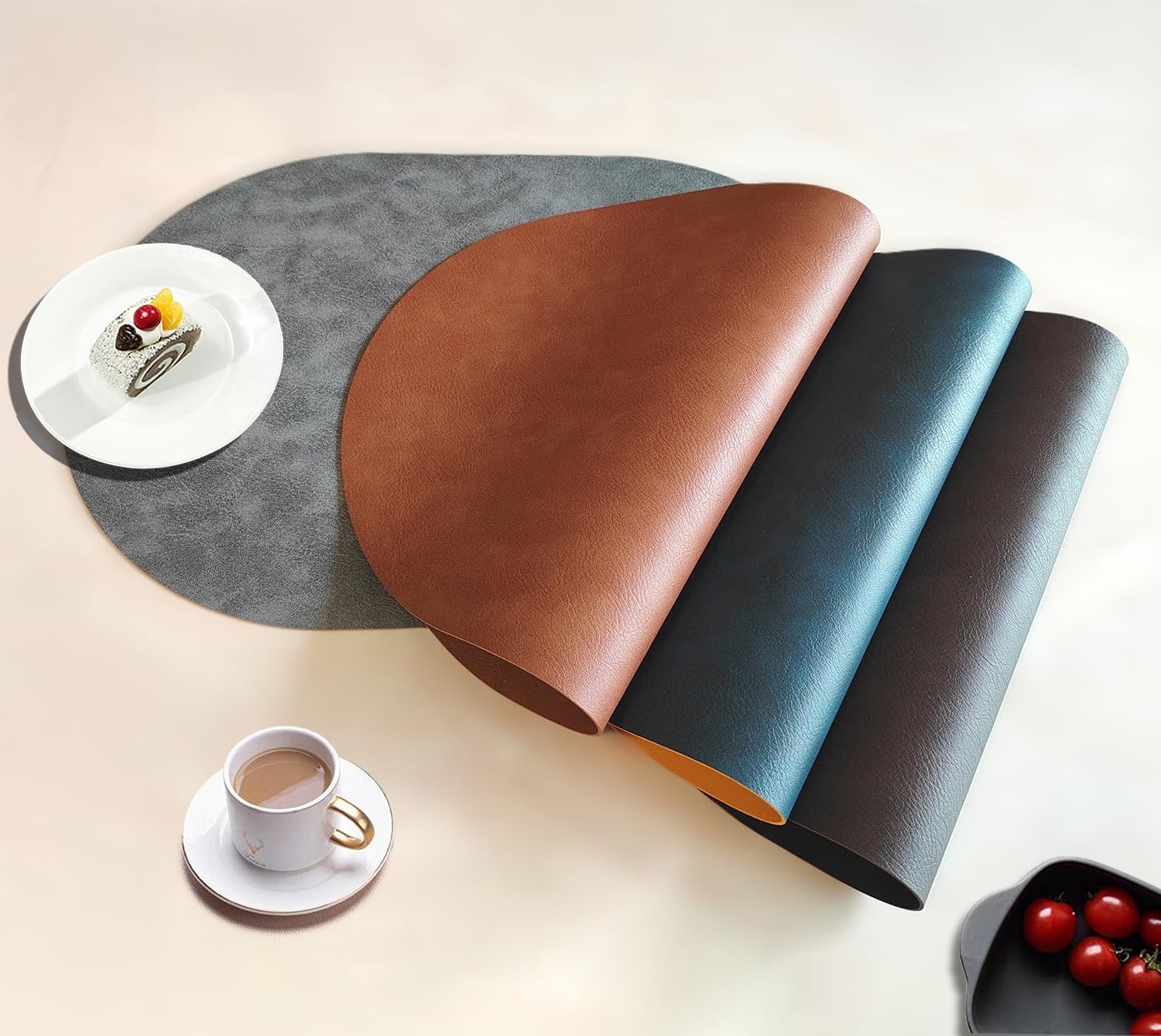 Oval Leather Placemats Set of 6 Washable,Heat Resistant Table Mats for Dining Table, Durable and Easy to Clean for Daily Use (Black Brown)
