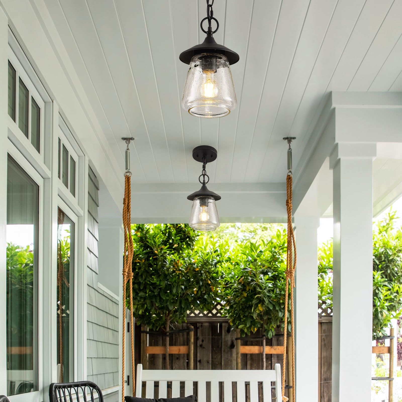 Outdoor Hanging Light Fixtures, Black Outdoor Pendant Lights, Outdoor Porch Light Ceiling Mount, Outside Chandeliers with Seeded Glass for Porch Entryway Farmhouse