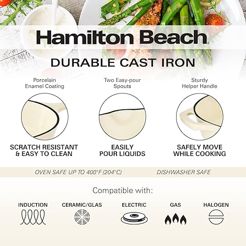 Miniatura 3 de Hamilton Beach Sartén de hierro fundido esmaltado de 12 pulgadas, revestimiento de esmalte crema, sartén para estufa y horno, distribución uniforme