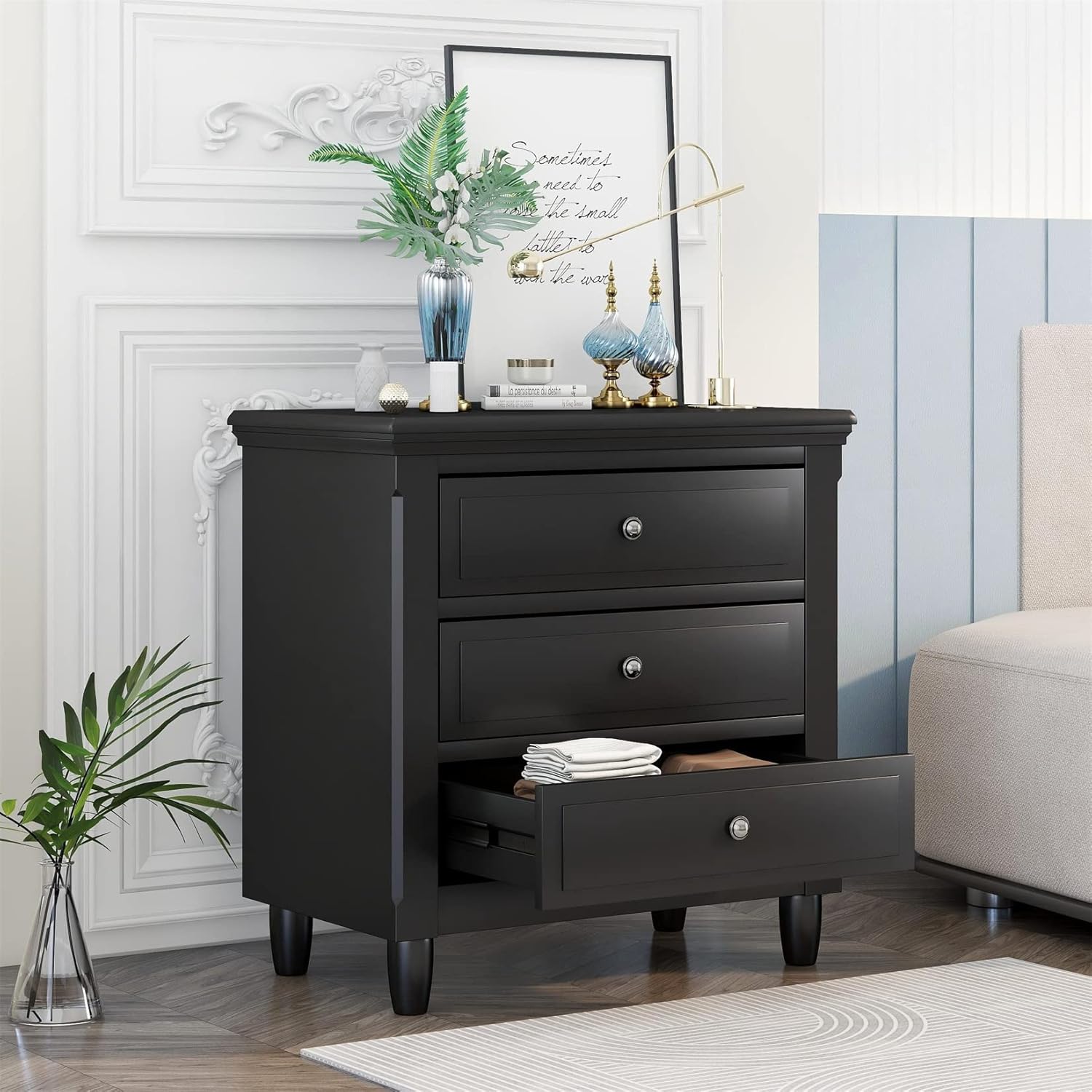 Bellemave 3-Drawer Nightstand,SoIid WoodNightstand with 3 Drawer Small Chest of Drawers,Wood Bedside Table Cabinet,Solid Wood Nightstand Organizer for Bedroom, Living Room, Hallway, Dorm.（Black）