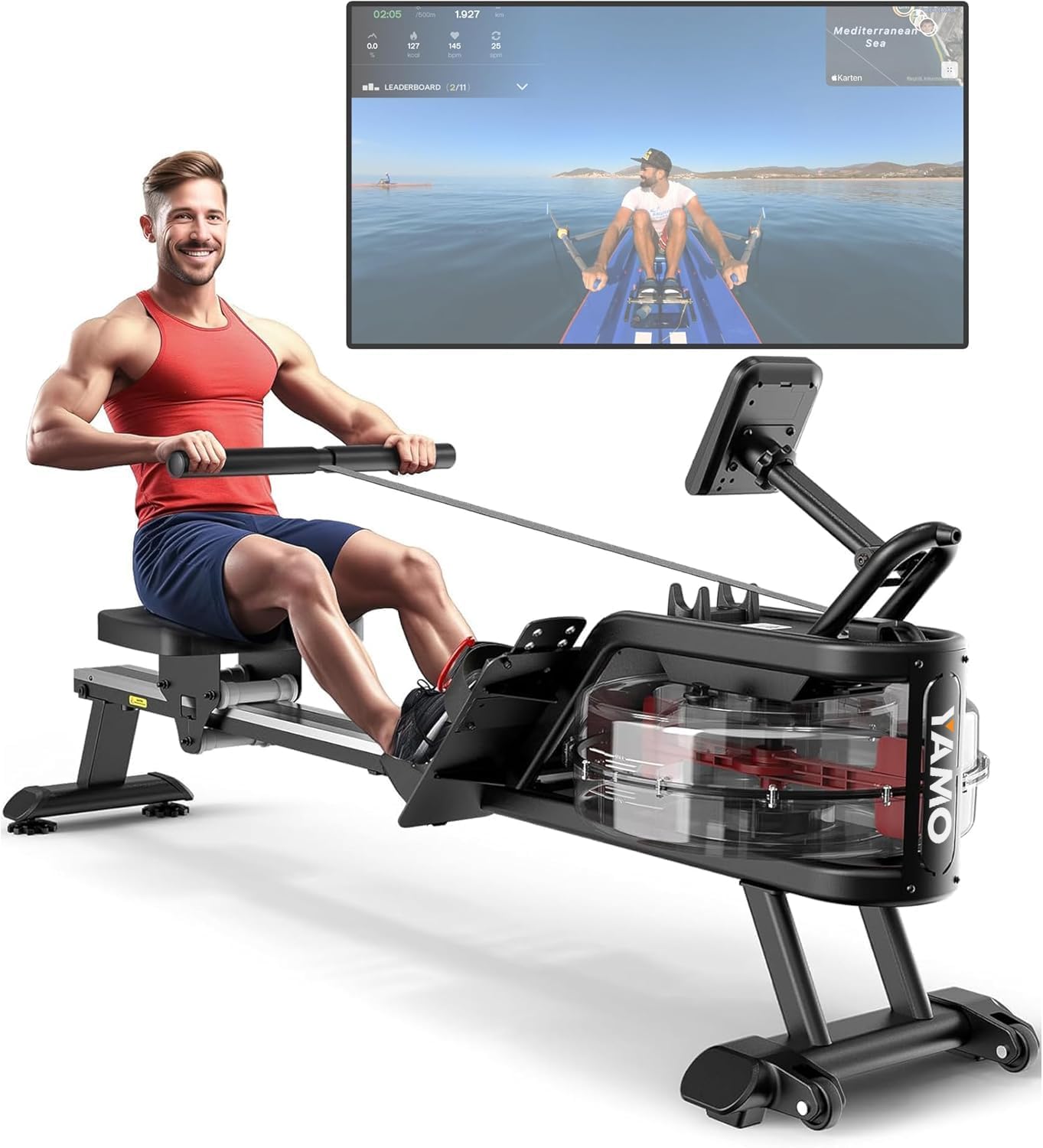 YAMO Water Rowing Machine for Home, Row Machine with 330LB Weight Capacity, Support Bluetooth & Compatible with Apps, Water Row Machine with Comfortable Seat and Tablet Holder