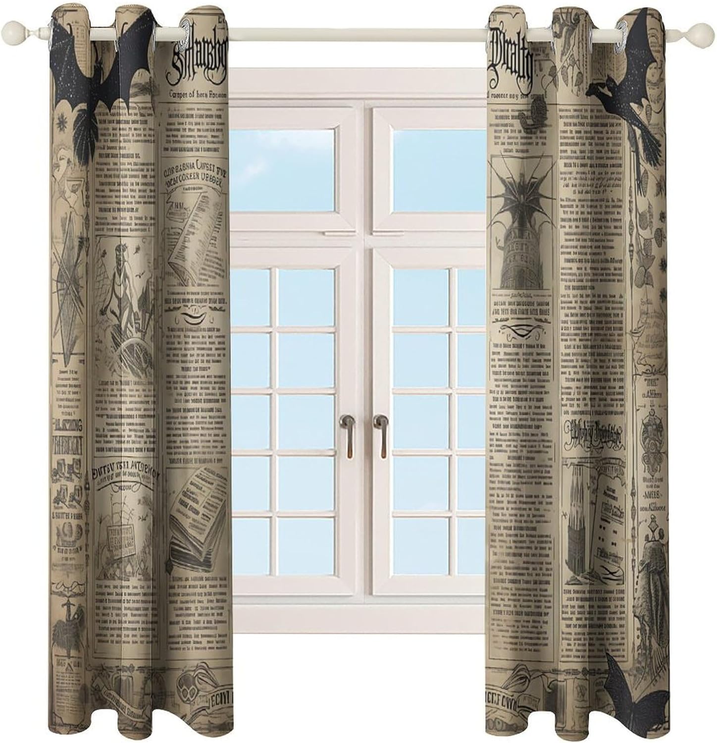 Vintage Newspaper Blackout Curtains for Boys, Gothic Demon Hell Abstract Bat Halloween Yellowed Decor Window Treatments, Grommet Drapes for Teen Bedroom Living Room, 42x45inch (2 Panels)
