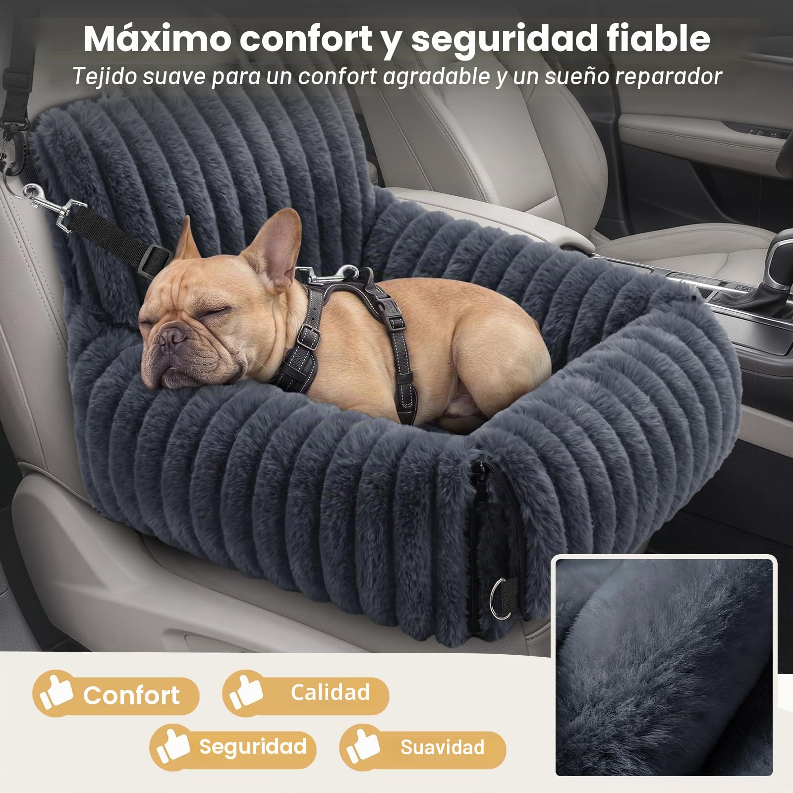 MIXJOY Asiento de Coche para Perros pequeños y medianos, extraíble y Lavable, Correa con inserción, Relleno de Espuma viscoelástica Espesa, para Asiento Trasero y Delantero (Ggris)
