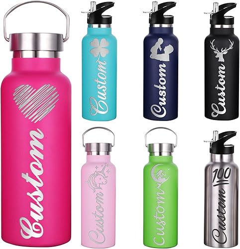 Botellas de agua personalizadas aisladas con pajilla, botella de agua deportiva grabada personalizada con nombre, botella de agua de acero
